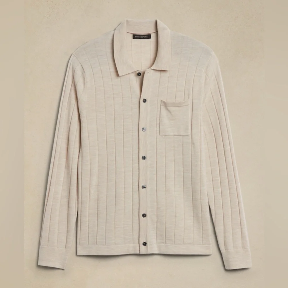 NWT Banana Republic Heather Oatmeal Merino Sweater Polo Size Large Tall.